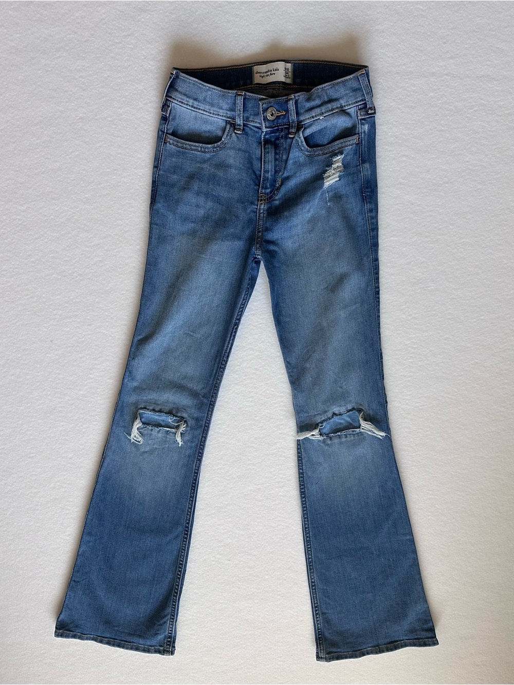 abercrombie kids High Rise Distressed Flared Blue Jeans Size 9/10 LONG EUC